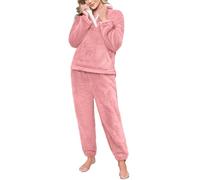 Yuson Girl Womens Pyjamas 2 Piece Warm Fleece Pjs Set Winter Fluffy Pyjamas Set Ladies Fuzzy Loungewear Sets Plush Long Sleeve Top and Thermal Bottoms Pjs Sleepwear with Pocket(Orange Pink, L)