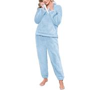 Yuson Girl Womens Pyjamas 2 Piece Warm Fleece Pjs Set Winter Fluffy Pyjamas Set Ladies Fuzzy Loungewear Sets Plush Long Sleeve Top and Thermal Bottoms Pjs Sleepwear with Pocket(Light Blue, XXL)