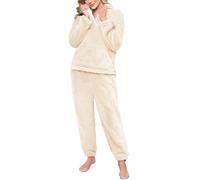 Yuson Girl Womens Pyjamas 2 Piece Warm Fleece Pjs Set Winter Fluffy Pyjamas Set Ladies Fuzzy Loungewear Sets Plush Long Sleeve Top and Thermal Bottoms Pjs Sleepwear with Pocket(Champagne, XXL)