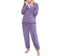 Yuson Girl Womens Pyjamas 2 Piece Warm Fleece Pjs Set Winter Fluffy Pyjamas Set Ladies Fuzzy Loungewear Sets Plush Long Sleeve Top and Thermal Bottoms Pjs Sleepwear with Pocket(Purple, XXL)