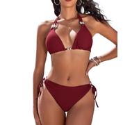 Yusongirl Women's Sexy Bikini Set, Adjustable Halter Triangle Top & Cheeky Thong Bottom, Wine Red, Medium