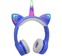 YUSONIC Kids Unicorn Headphones, LED Light-Up Design, Rainbow Horn, Cushioned Earpads (Blue)
