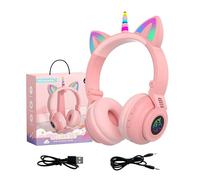 YUSONIC Unicorn Kids Headphones for Girls, Bluetooth Wireless Foldable Headphones with Light Up Cat Ears, for Toddlers Tablet/iPad/Amazon Fire, Birthday Gifts (Pink 2)