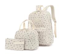 Yusudan Corduroy Girls Backpack Set, 3PCS School Backpacks for Kids Elementary Middle School Bags with Lunch Box Pencil Case, Beige Corduroy Floral Purple, 12.2"L x 6.7"W x 16.9"H
