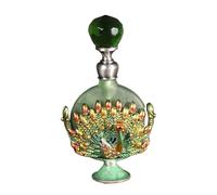 YUSUZH 1pc Vintage 7ml Peacock Refillable Empty Perfume Bottle Metal Enamel Display Decor Emerald Cap Green Glass Dripper Gift for Traveling
