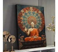 YUSUZHU Buddha Meditation Canvas, Flower Background Wall Art, Spiritual Home Decor, Zen Buddhist Canvas, Prayer Artwork Painting(50x75cm/Frameless)