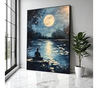 YUSUZHU Buddha Meditation Canvas, Full Moon Reflection Wall Art, Night Landscape, Zen Home Decor, Posters and Prints Painting(60x80cm/Frameless)