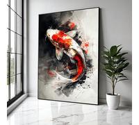 YUSUZHU Koi Fish Canvas Wall Art, Abstract Ink Splash Design, Red White Koi Carp, Japanese Posters Prints Painting, Home Decor(60x80cm/Inner frame)