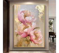 YUSUZHU [luxury Peony Art] Luxury Floral Peony 'gathering Wealth' Art Canvas Painting with Rose Golden Foil Texture, Large Flower(60x80cm/Inner frame)