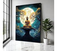 YUSUZHU Meditating Buddha Canvas, Spiritual Wall Art, Full Moon Night, Zen Forest Scene, Yoga Decor, Home Decor, Posters Prints(50x75cm/Frameless)