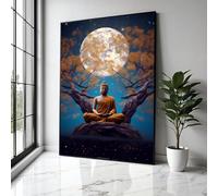 YUSUZHU Meditating Buddha Canvas Wall Art, Full Moon Night, Spiritual Serenity Decor, Zen Tree Landscape Painting, Home Prints(70x100cm/Frameless)