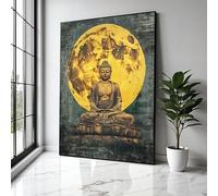 YUSUZHU Meditating Buddha Statue Canvas, Full Moon Background Wall Art, Spiritual Zen Decor,Yoga Room Painting,Home Decor Print(80x120cm/Inner frame)