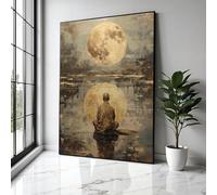 YUSUZHU Meditative Monk with Full Moon Canvas Wall Art, Spiritual Reflection Painting, Abstract Zen Decor, Meditation,Prints(80x120cm/Frameless)