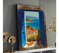 YUSUZHU Mediterranean Coastal View Canvas, Blue Shutter Window Scene, Rustic Sea Landscape Wall Art Orange Fruit Decor, Painting(40x60cm/Inner frame)
