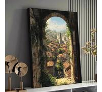 YUSUZHU Mediterranean Village View Canvas Archway Wall Art, Vintage Townscape, Architecture Canvas Home Decor Landscape Painting(50x70cm/Frameless)