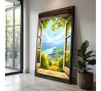YUSUZHU Open Window View Canvas, Scenic River Landscape, Green Valley Wall Art, Summer Scene, Bird Flying Canvas, Decor Painting(21x30cm/Frameless)
