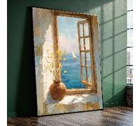 YUSUZHU Open Window with Sea View Canvas Wall Art, Mediterranean Coastal Painting with Sailboat. Flowers for Kitchen,Beach House(60x90cm/Inner Frame)
