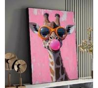 YUSUZHU Playful Giraffe with Sunglasses and Bubblegum, Fun Animal Canvas Wall Art, Quirky Pink Background, Home Decor Painting(80x110cm/Frameless)