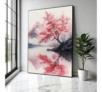 YUSUZHU Red Maple Tree, Mountain Reflection Canvas, Japanese Landscape Wall Art, Serenity Painting, Home Decor, Prints Posters(21x30cm/Frameless)