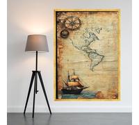 YUSUZHU Vintage Nautical Map Canvas, Antique Ship,Compass Wall Art,Old World Exploration Decor, Maritime Canvas Print,Painting(60x80cm/Inner frame)