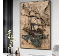 YUSUZHU Vintage Sailing Ship Canvas Wall Art, Antique Nautical Map Decor,Old World Maritime Canvas Classic Sea Art Ready to Hang(21x30cm/Inner Frame)