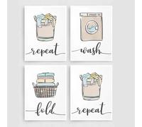 YUSUZHU Wash Dry Fold Repeat Laundry Sign Colourful Poster Art Print Quote Canvas Painting Modern Wall Picture Utility Room Decor 20x30cmx4 Frameless