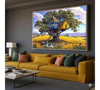 YUSUZHU Whimsical Treehouse Canvas Wall Art, Home Decor, Nature Scene, Countryside Landscape Painting, Outdoor Wall Decoration(50x70cm/Frameless)