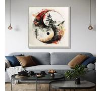 YUSUZHU Yin Yang Forest Landscape Canvas, Abstract Nature Wall Art, Spiritual Harmony Decor, Black Red Gold Tree Painting Print(80x80cm/Inner Frame)