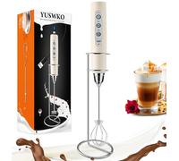 YUSWKO Beige Handheld Milk Frother Wand with Stand for Coffee, Rechargeable Electric Whisk with 3 Heads 3 Speeds Drink Mixer Coffee Frother For Latte, Cappuccino, Hot Chocolate, Egg