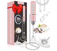 YUSWKO Handheld Milk Frother Wand for Coffee, Rechargeable Electric Whisk with 3 Heads 3 Speeds Drink Mixer Coffee Frother For Latte, Cappuccino, Hot Chocolate, Egg, Pink with Holder
