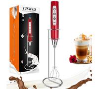 YUSWKO Red Rechargeable Milk Frother for Coffee with Stand, Handheld Drink Mixer with 3 Heads 3 Speeds Electric Stirrers for Latte, Cappuccino, Hot Chocolate, Egg