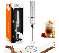 YUSWKO Silver Rechargeable Milk Frother for Coffee with Stand, Handheld Drink Mixer with 3 Heads 3 Speeds Electric Stirrers for Latte, Cappuccino, Hot Chocolate, Egg