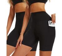 Yutdeng 2 Pieces Womens Gym Cycling Running Shorts with Pockets High Waist Tummy Control Short Leggings Stretch Soft Ladies Shorts Activewear Tights
