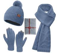 Yutdeng 3 in 1 Knit Hat Scarf and Gloves Set Winter Fleece Lined Warm Thermal Beanie Hat for Women with Pom Pom Touchscreen Gloves Knitted Long Scarf Neck Warmer Bobble Hat Cozy Cold Weather Set
