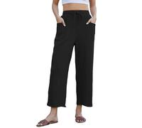Yutdeng Cropped Trousers for Women Summer Cotton Linen Trouser Elasticated Waist Trousers with Pockets Petite Trouser Women Short Leg Joggers Ladies Casual Beach Capri Pants Black