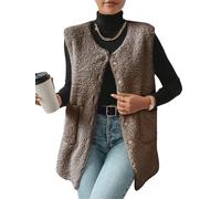 Yutdeng Fleece Gilet for Women Sleeveless Vest V Neck Button Down Long Gilet Ladies Jacket with Pockets Body Warmer Lightweight Cozy Gilets Winter Fluffy Waistcoat Fur Fuzzy Coat Outwear,Coffee,XXL