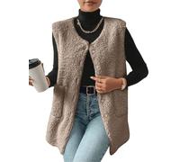 Yutdeng Fleece Gilet for Women Sleeveless Vest V Neck Button Down Long Gilet Ladies Jacket with Pockets Body Warmer Lightweight Cozy Gilets Winter Fluffy Waistcoat Fur Fuzzy Coat Outwear,Khaki,L