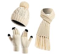 Yutdeng Hat and Scarf Gloves Set for Women Knitted Pompom Hat Tassel Long Scarf and Touchscreen Gloves Set Ladies 3 in 1 Cold Weather Warm Set,Beige