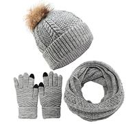 Yutdeng Hat Scarf Gloves Set for Women Ladies Girls Warm Knitted Pom Pom Beanie Cap Long Circle Scarf Touchscreen Gloves 3 in 1 Winter Set for Outdoor Sports Shopping
