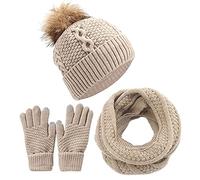 Yutdeng Hat Scarf Gloves Set for Women Ladies Girls Warm Knitted Pom Pom Beanie Cap Long Circle Scarf Touchscreen Gloves 3 in 1 Winter Set for Outdoor Sports Shopping