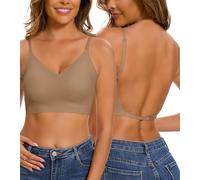 Yutdeng Low Back Bra for Women Seamless Bra Backless Deep V Neck Plunge Bras Multiway Straps Convertible Halter Bra Wirefree with Removeable Padding Push Up Bra Everyday Bras,Coffee,XL