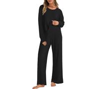 Yutdeng Ribbed Lounge Wear Sets for Women Casual 2 Pieces Tracksuit Full Set Outfits Crew Neck Long Sleeve Tops and Elastic Waist Wide Leg Trousers Leisure Suits Pjs Sleepwear Homewear,Black,S