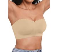 Yutdeng Strapless Bras for Women Front Closure Non-Slip Padded Bandeau Bralette Comfort Wavy Edge Tube Top Bra Non Wired Bras with Clear Strap,Beige,XL