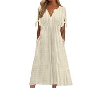 Yutdeng Summer Beach Dress for Women - Loose Short Sleeve V Neck Swing A Line with Pockets, Hollow Out Midi Boho Holiday Sundress