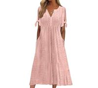 Yutdeng Summer Holiday Casual Maxi Bohemian Long Dresses for Women UK with Pockets Vintage Short Sleeve Smock Beach Dress Button Up Boho Floral Swing Dress Tunic A Line Dresses Vacation Sundress Pink