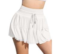 Yutdeng Tulle Skorts for Women UK Pleated Tennis Gym Sports Skirt with Shorts High Waist Athletic Mini Skirt with Drawstring Summer Ladies Golf Activewear Skort,White,S