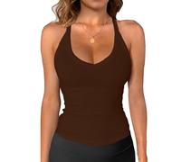 Yutdeng Vest Tops Women V Neck Racerback Tank Top Padded High Stretch Slim Fit Ribbed Workout Basic Cami Tops Summer Sleeveless Camisole Shirts for Sport Yoga Gym,Brown,S