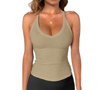 Yutdeng Vest Tops Women V Neck Racerback Tank Top Padded High Stretch Slim Fit Ribbed Workout Basic Cami Tops Summer Sleeveless Camisole Shirts for Sport Yoga Gym,Khaki,XL