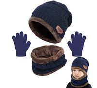 Yutdeng Warm Scarf Hat and Gloves Set for Boys Girls Winter Knitted Beanie Hat Fleece Lined Circle Scarf Kids Soft Thermal Neck Warmer Gift Outdoor Skiing 2-8 Years Old #1-Navy