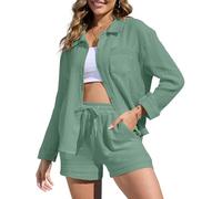 Yutdeng Women's 2 Pieces Outfit Summer Ladies Tracksuit Button Down Long Sleeve Shirts Shorts Sets Loungewear Muslin Blouse Top Shorts with Pockets Beach Lounge Wear Sets,Light Green,XXL